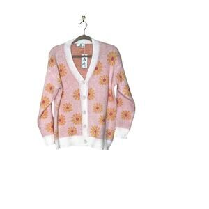 AZ womens size S/M sweater pink/cream daisies cardigan button-up soft oversized